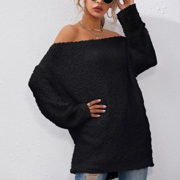 Comfy Off Shoulder Popcorn Knit Sweater BLACK - Picture 4 of 6